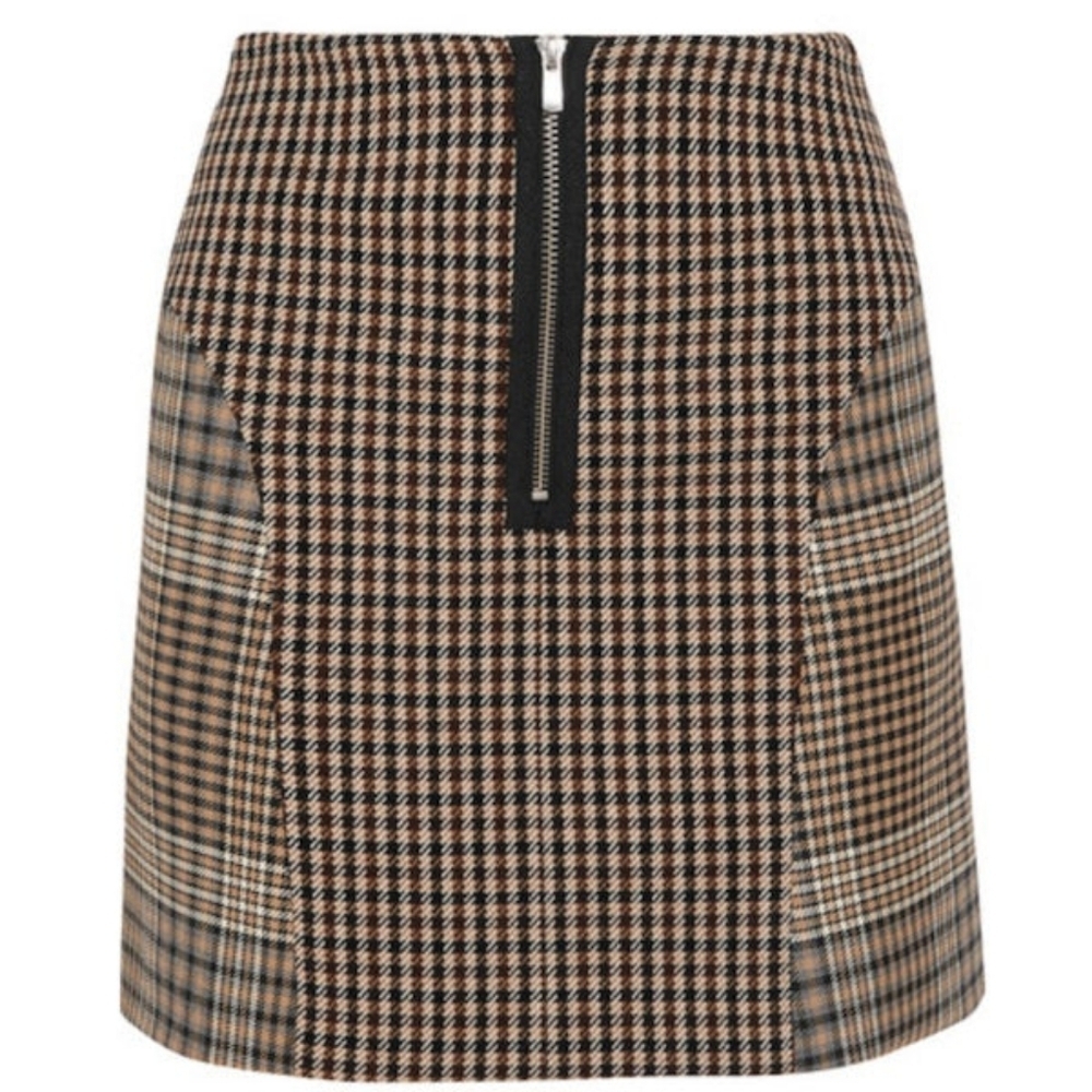 Maje Black and Tan Checked Mini Skirt with Exposed Zipper